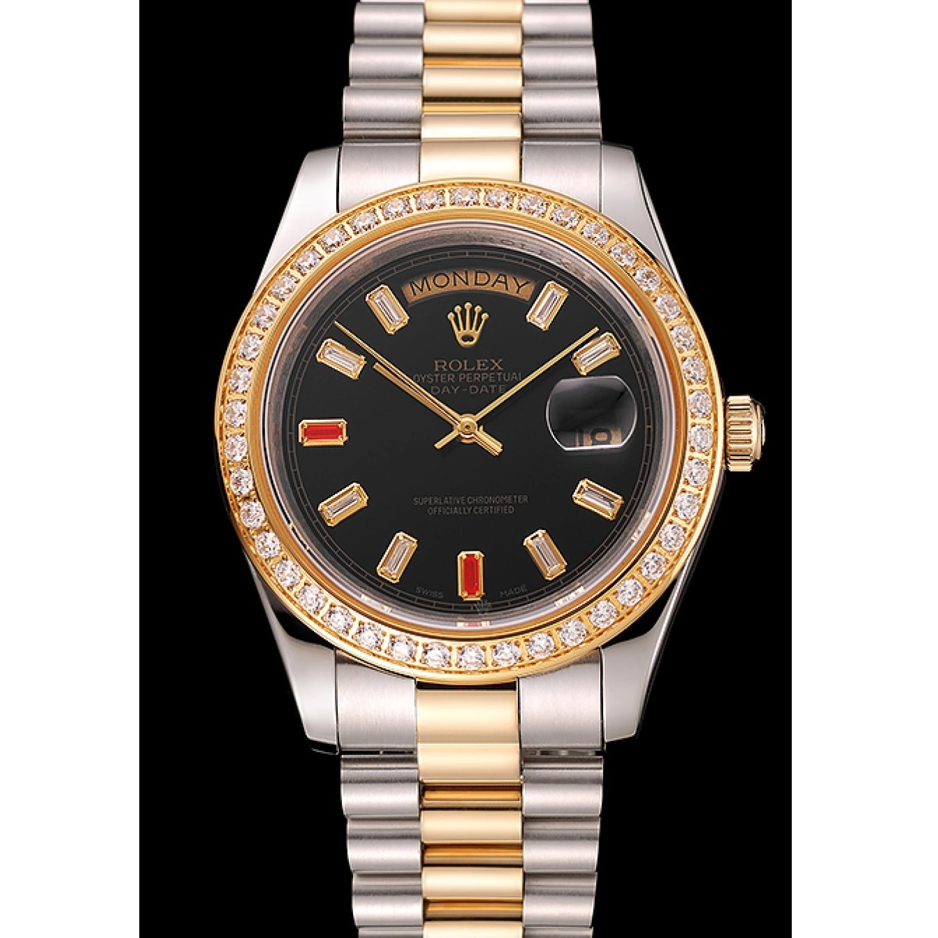 Aaa replica watch Bracelet Diamonds Black Rolex Rubies Swiss And Dial Tone Day-Date 1454105 Two 0728